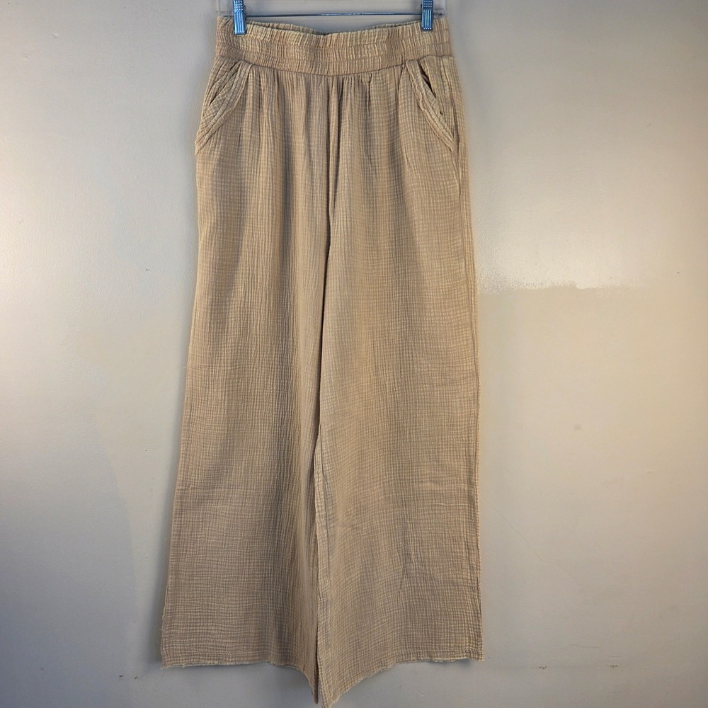 Zenana Women Beige Cotton Double Gauze Wide Leg Pants High Waist Large